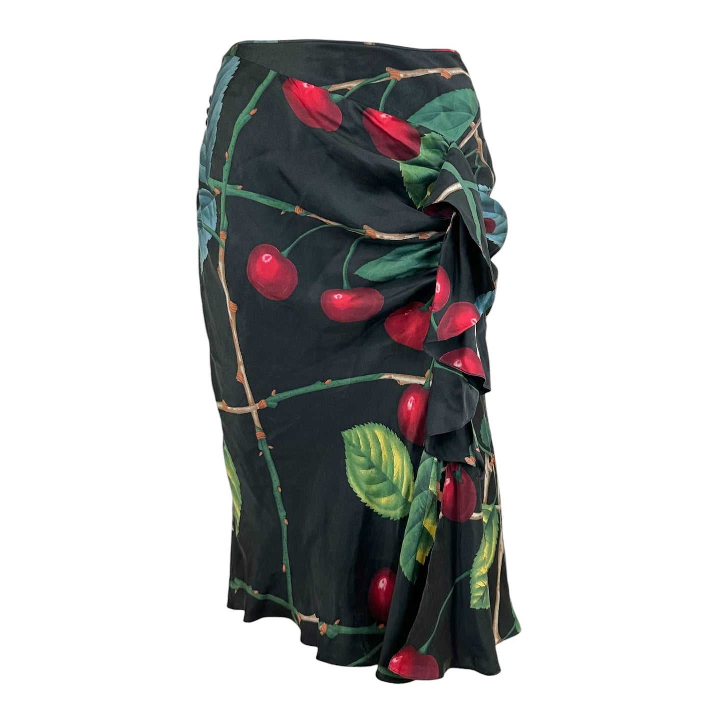 John Galliano Silk Midi Skirt Cherry Print Ruched Design
