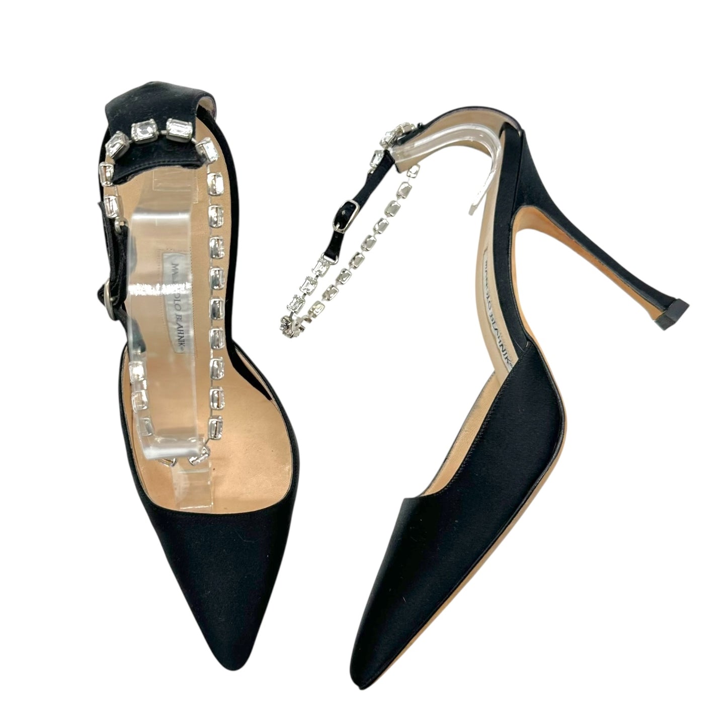 Manolo Blahnik Black Silk Crystal Strap Heels