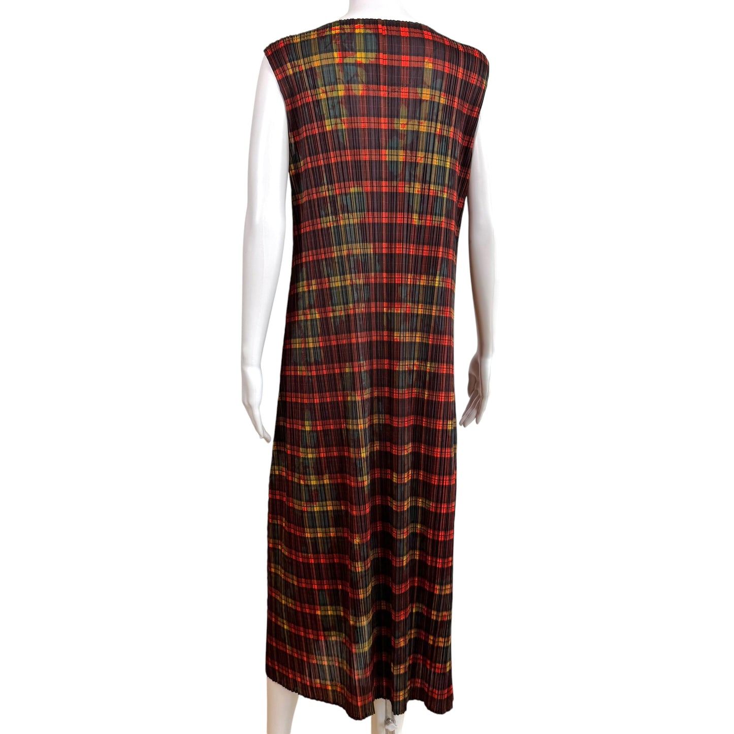 Issey Miyake Pleats Please Tartan Plaid Printed Maxi Dress Sz 2