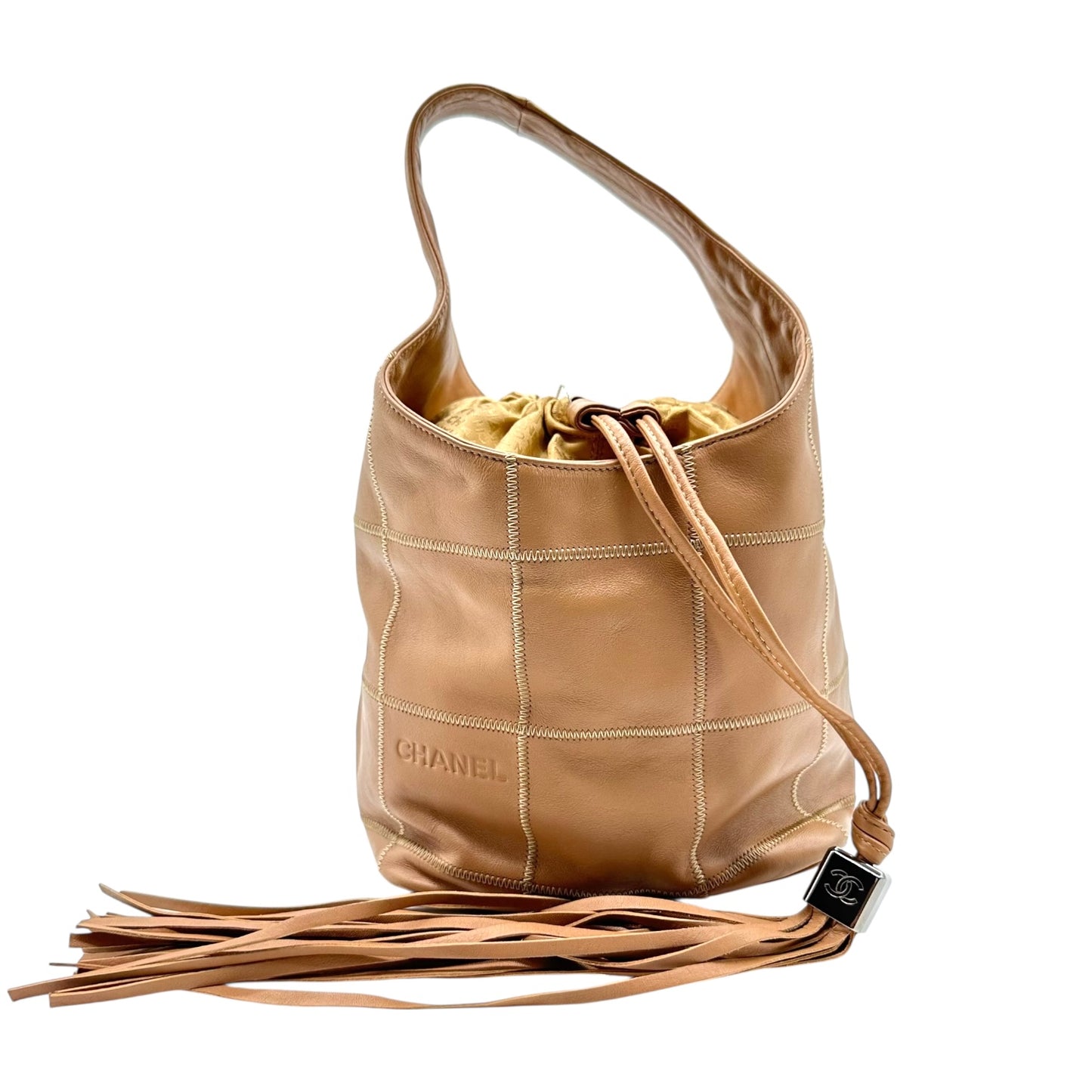Chanel Tan Leather Chocolate Bar Quilted Bucket Bag
