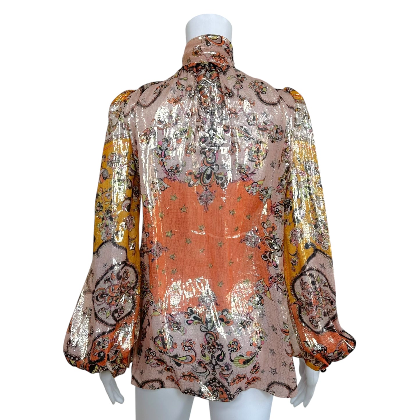 Emilio Pucci Silk Blouse Orange Pink Metallic Tie Neck
