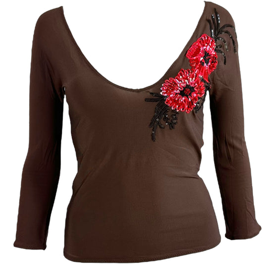 Blumarine Brown & Pink Beaded Floral 3/4 Sleeve Top