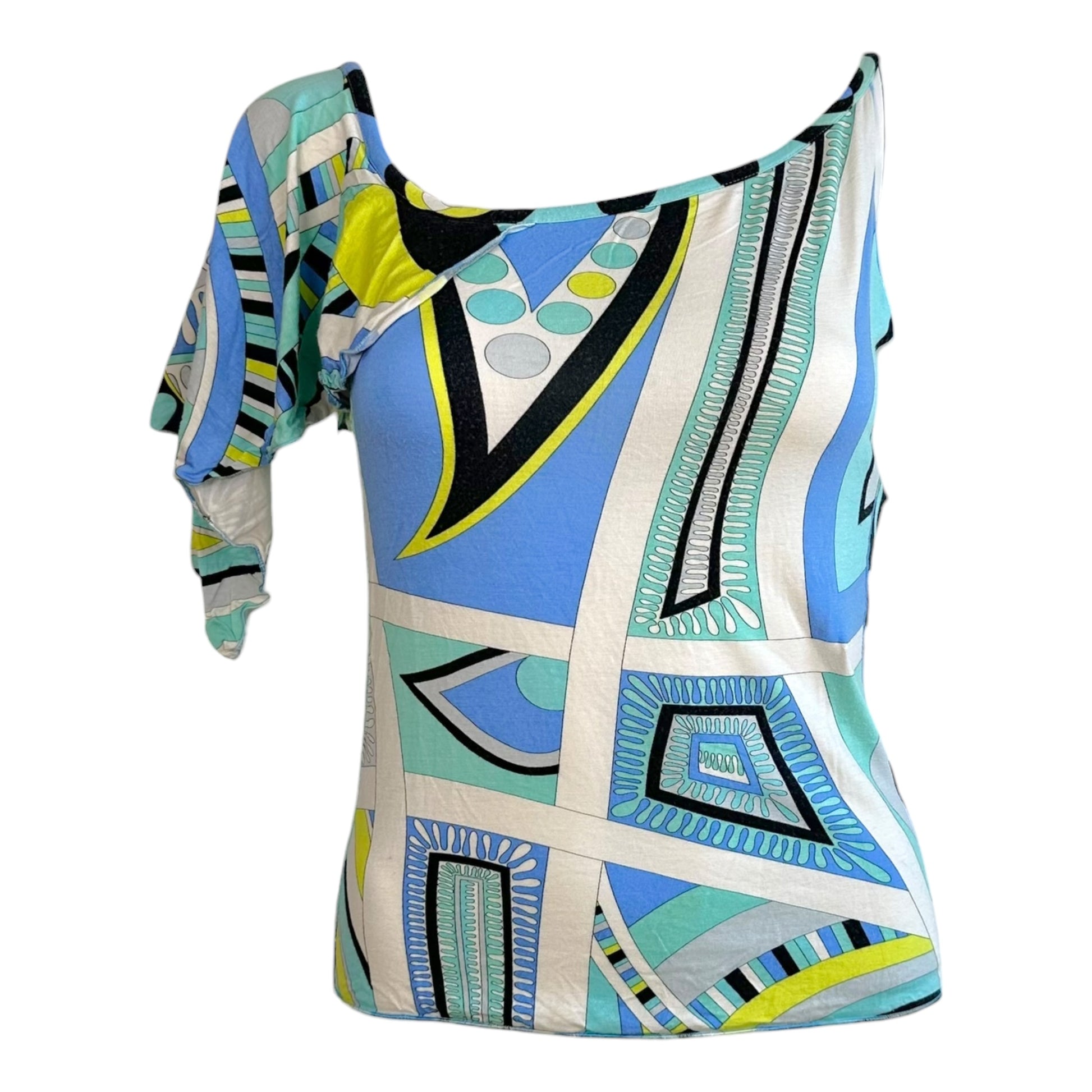 Emilio Pucci Asymmetrical Sleeve Top Blue Green Print