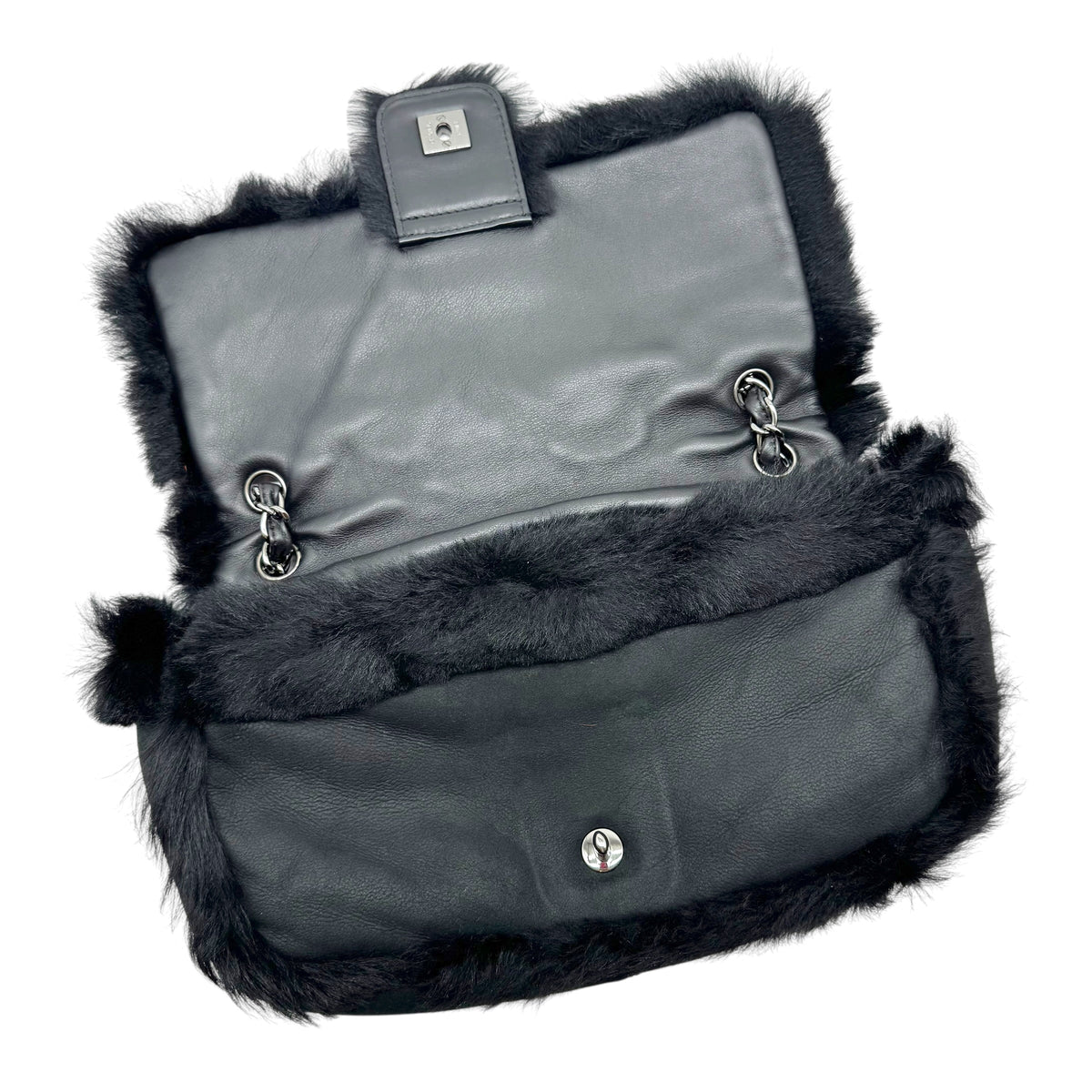 Chanel Sport Black Shearling Quilted Large Flap Bag 2006-08