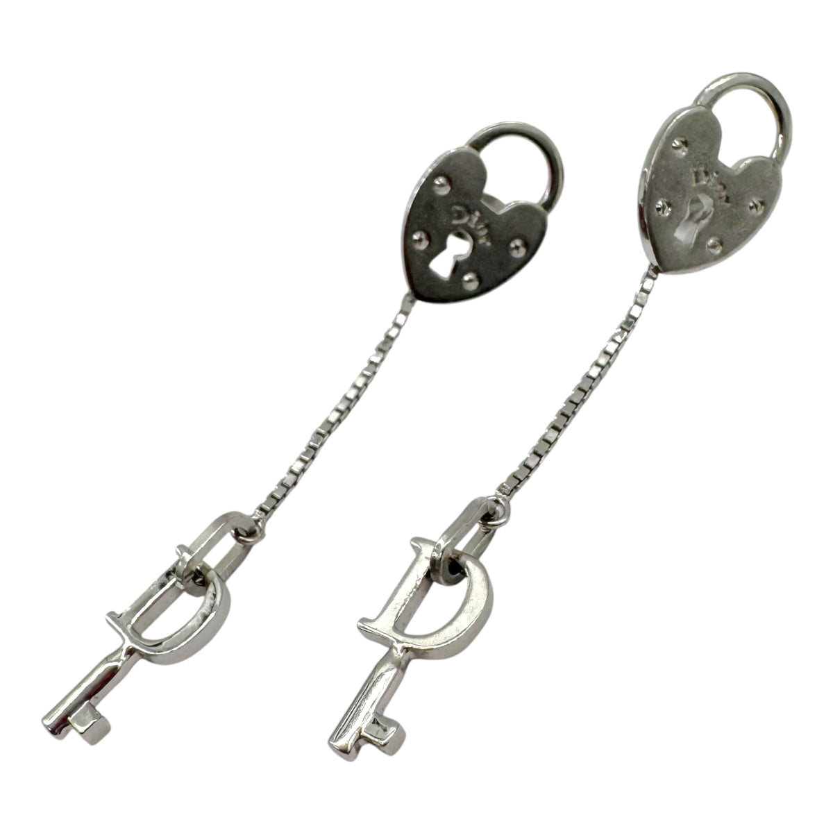 Christian Dior Silver Heart Lock Dangly Earrings