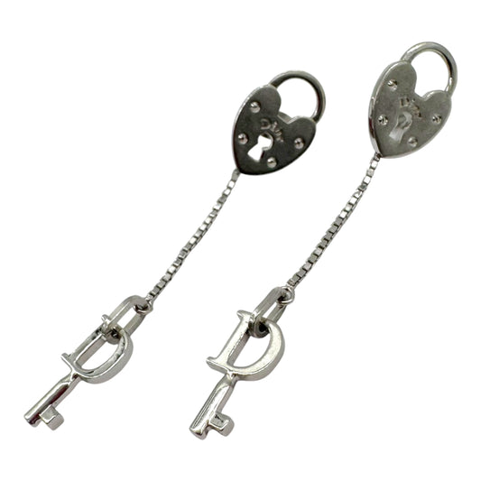 Christian Dior Silver Heart Lock Dangly Earrings