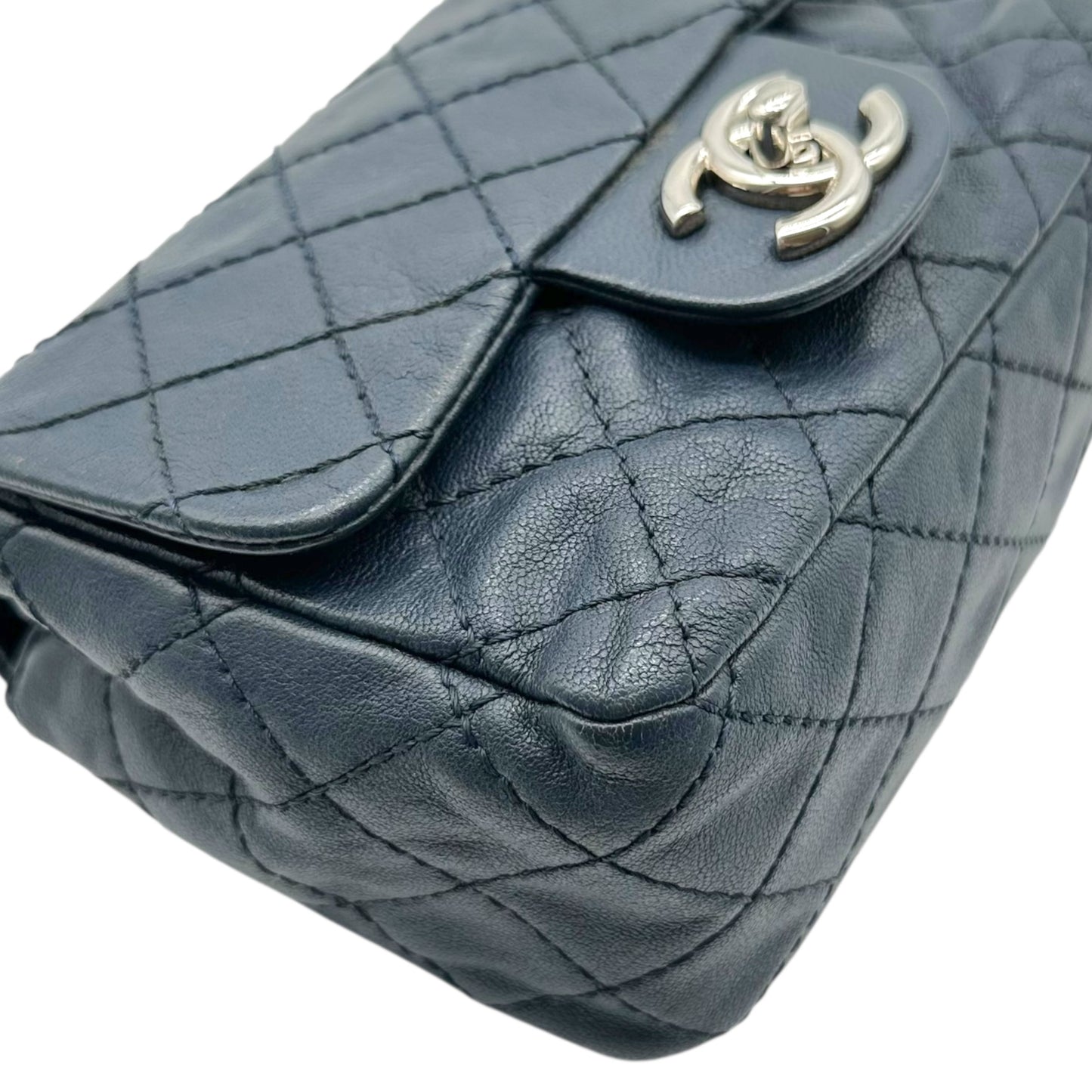 Chanel Navy Blue & Silver Mini Square Flap Crossbody Bag