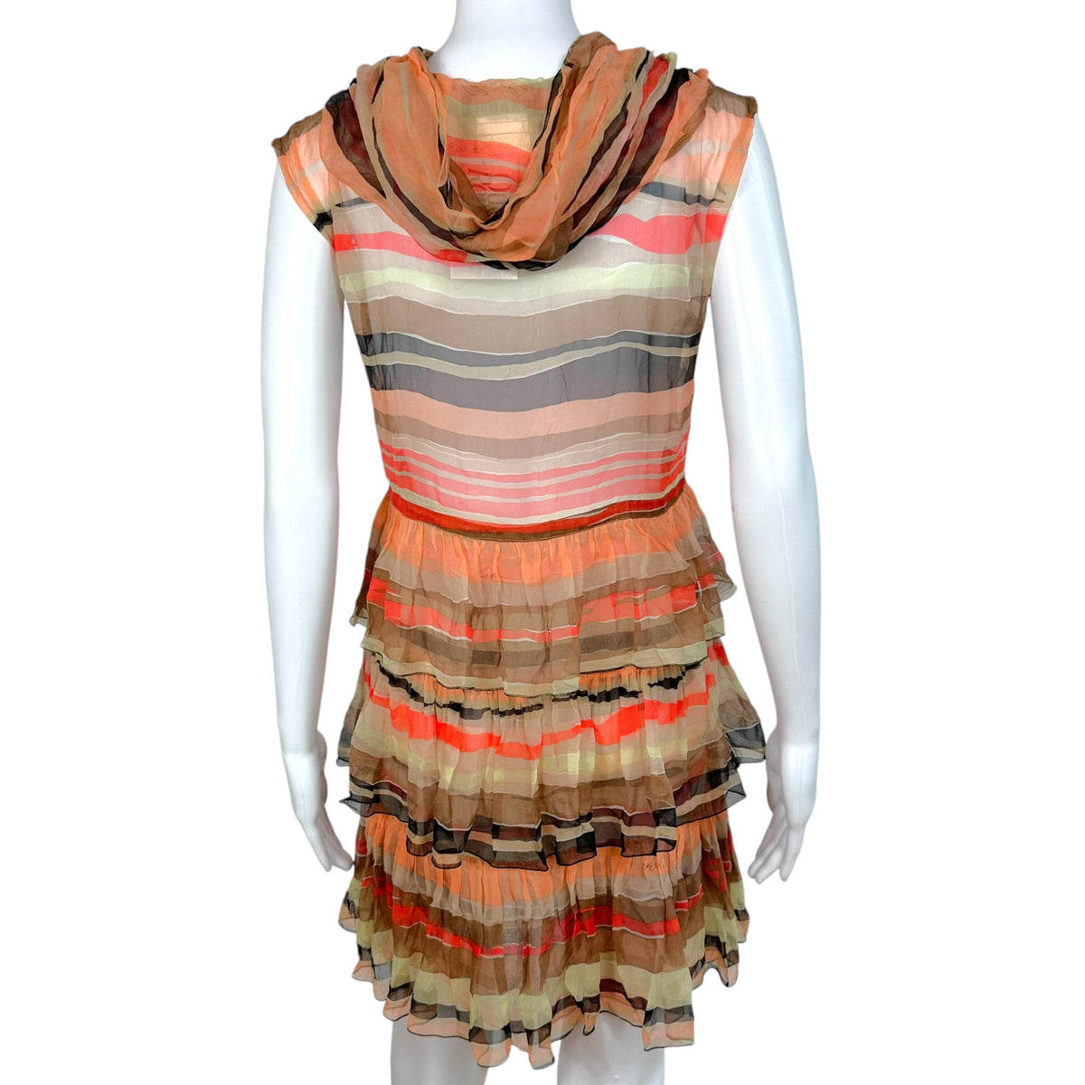 Chanel Spring 2001 Coral Striped Tiered Silk Hooded Mid-Length Vest Top