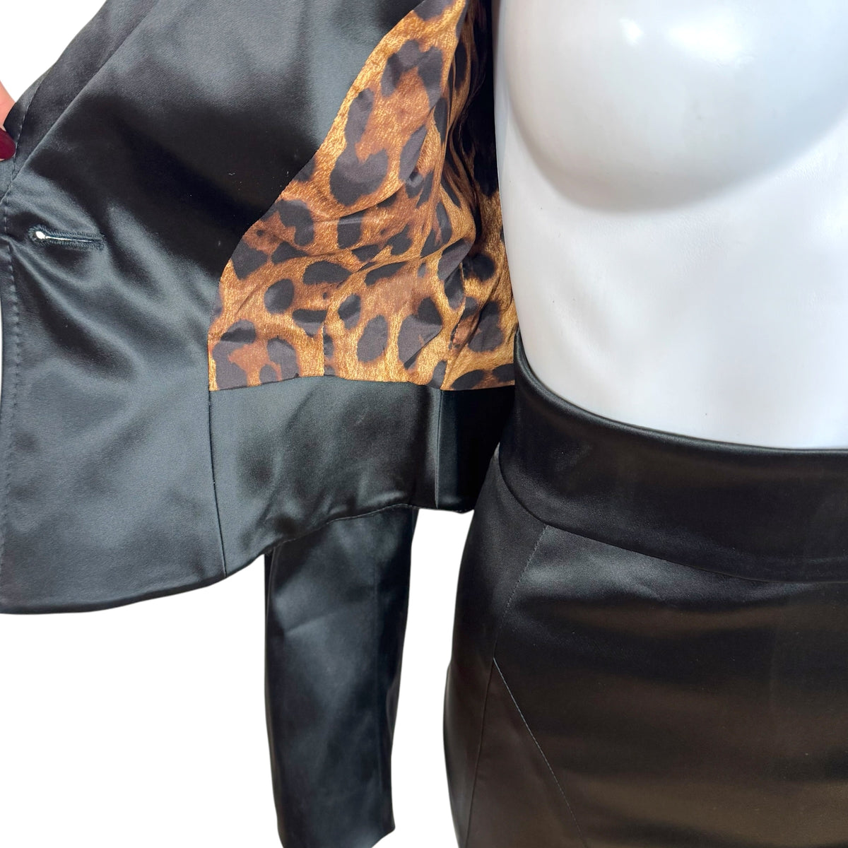 Dolce & Gabbana Black Satin Cropped Blazer Midi Skirt Suit