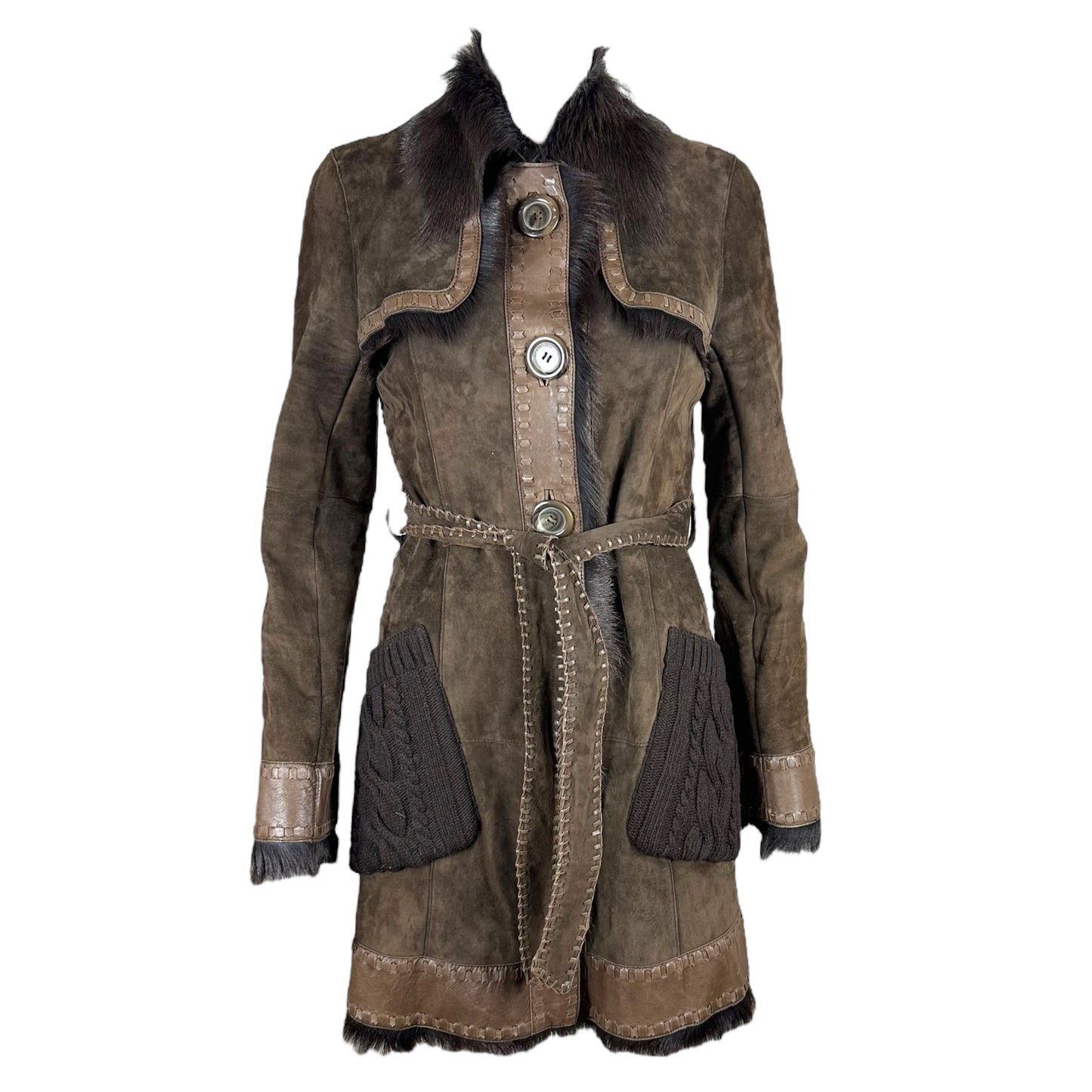 Burberry Suede Leather Fur & Knit Trench Coat