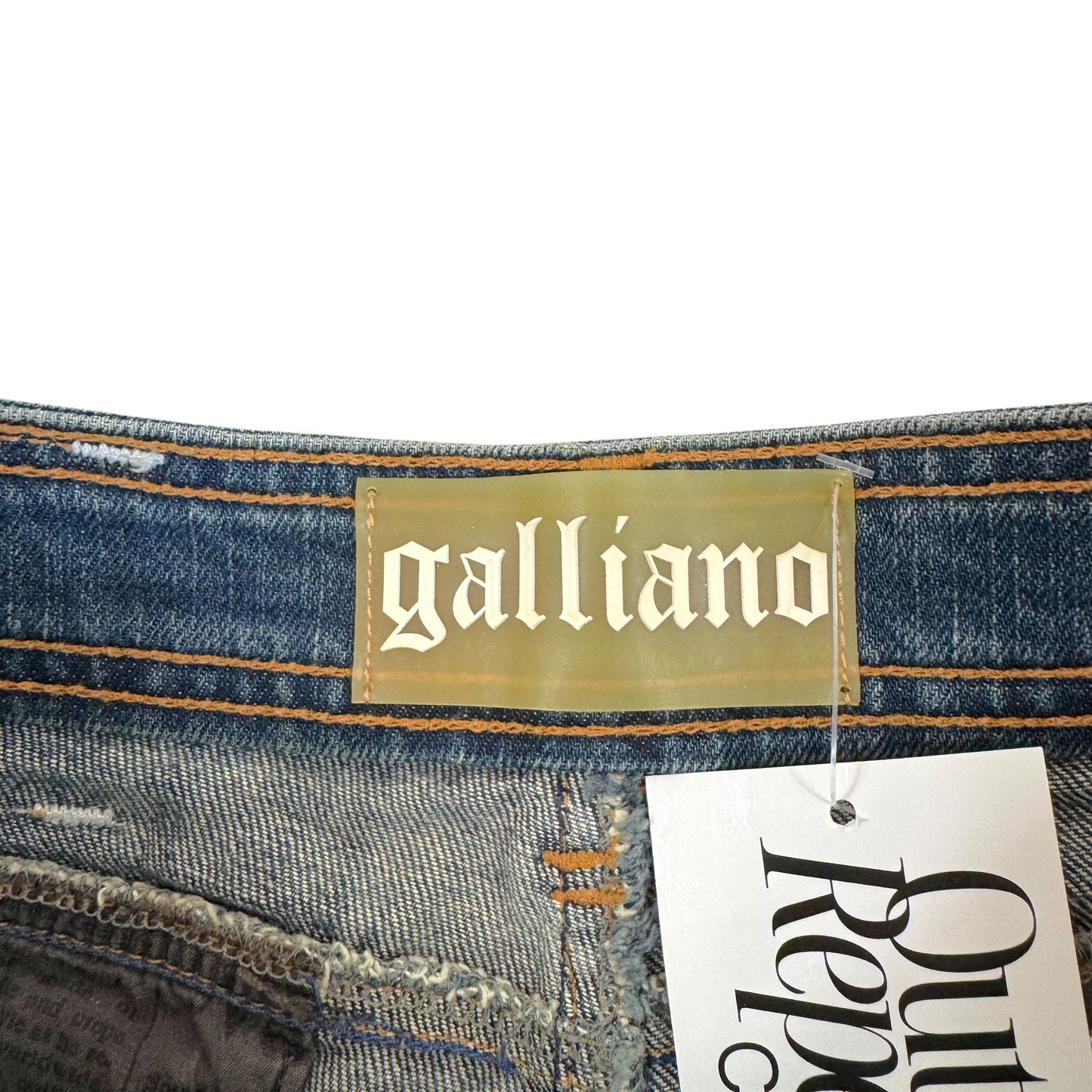 Galliano Gazette Print Pocket Dark Wash Denim Mini Shorts