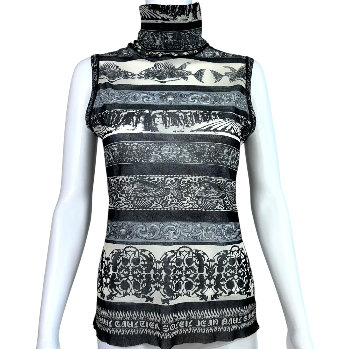 Jean Paul Gaultier Soleil Fishbone Printed Sheer Mesh Sleeveless Turtleneck Top - Outfit Repeater