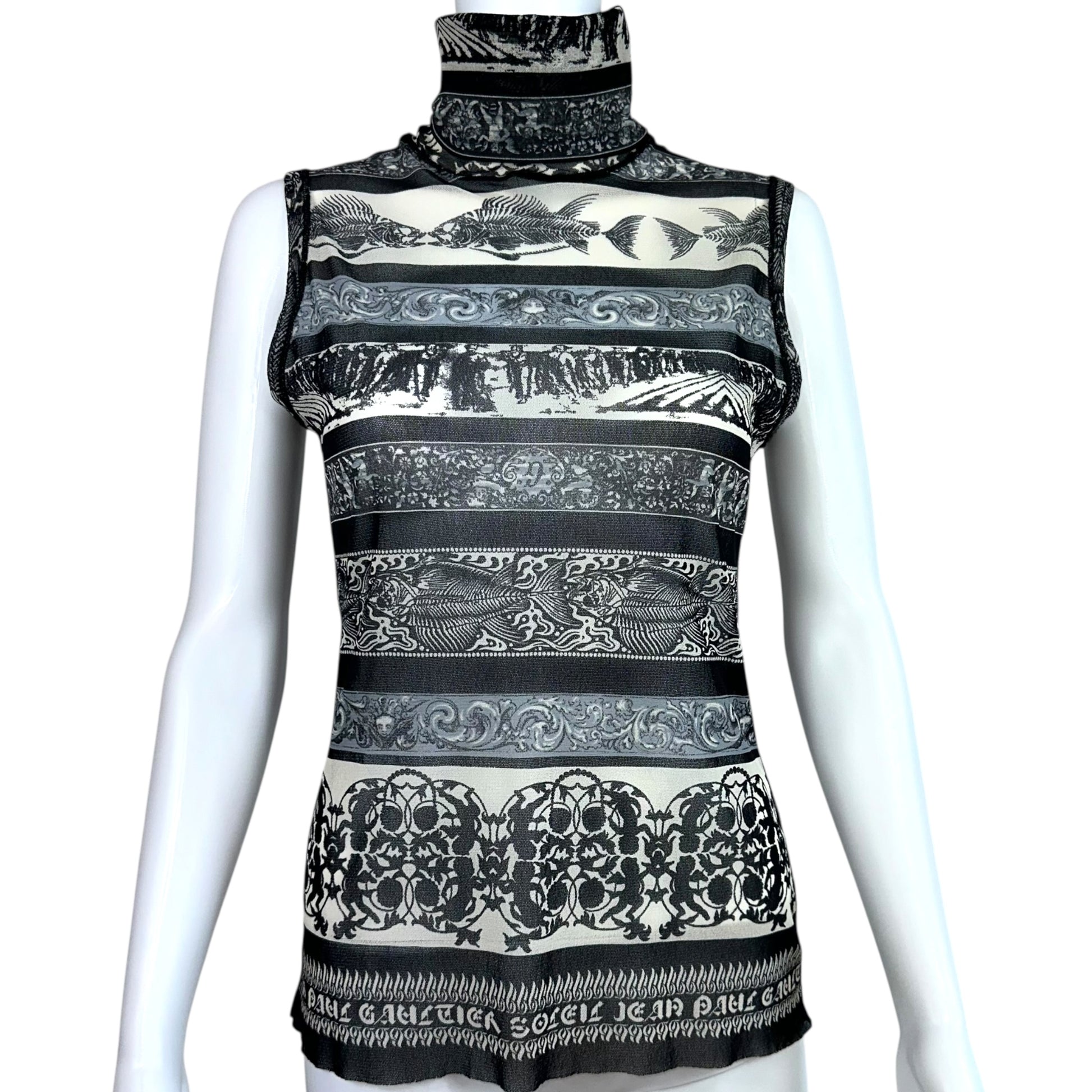 Jean Paul Gaultier Soleil Fishbone Printed Sheer Mesh Sleeveless Turtleneck Top - Outfit Repeater