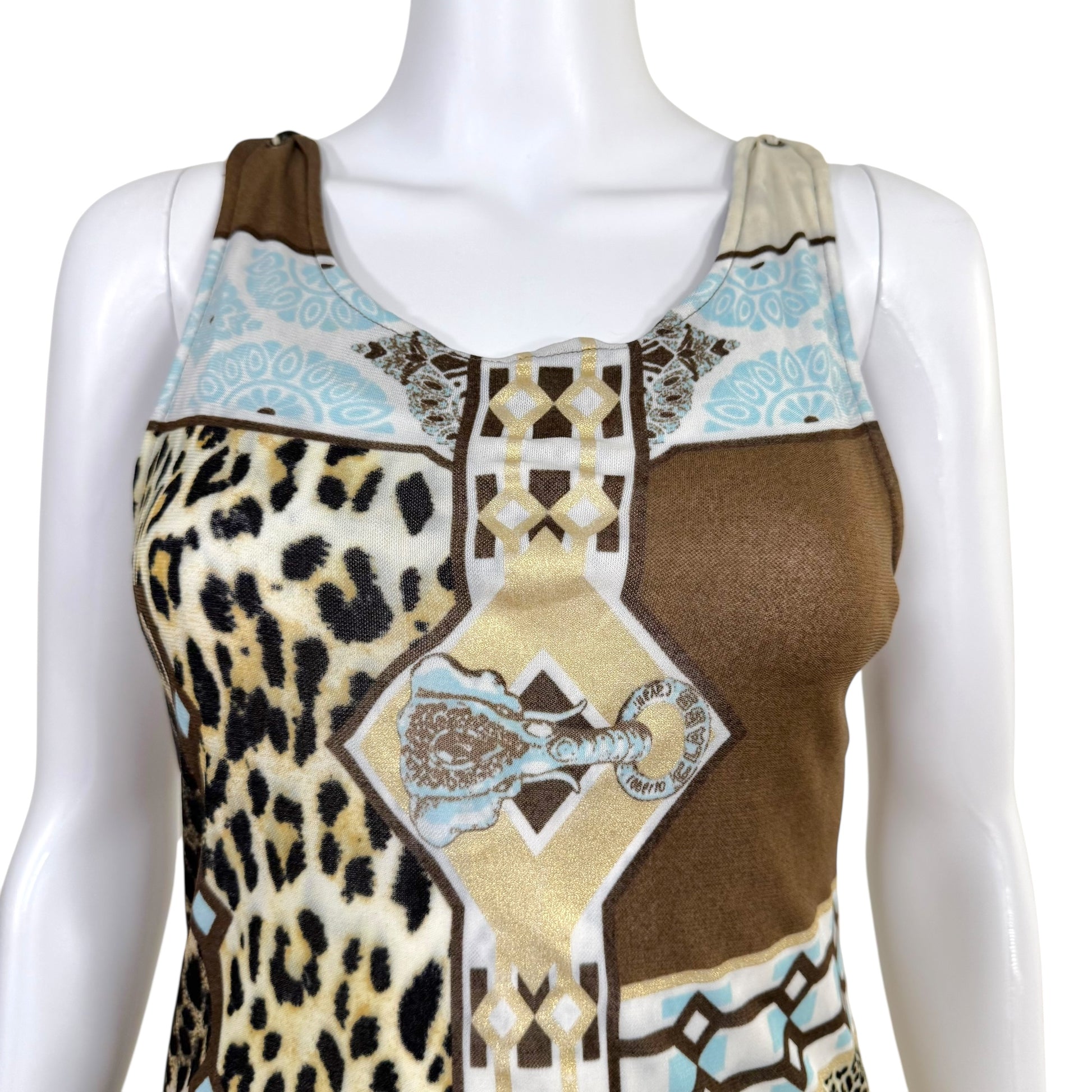 Roberto Cavalli Class Blue & Brown Printed Open Back Tank - Outfit Repeater