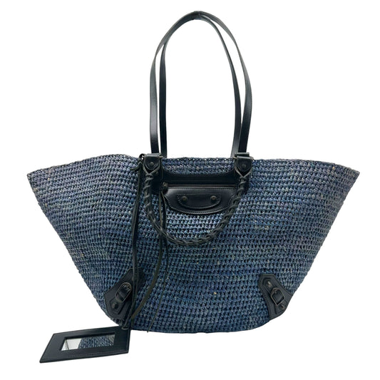 Balenciaga Large 2-Way City Beach Bag Blue Raffia Black Leather