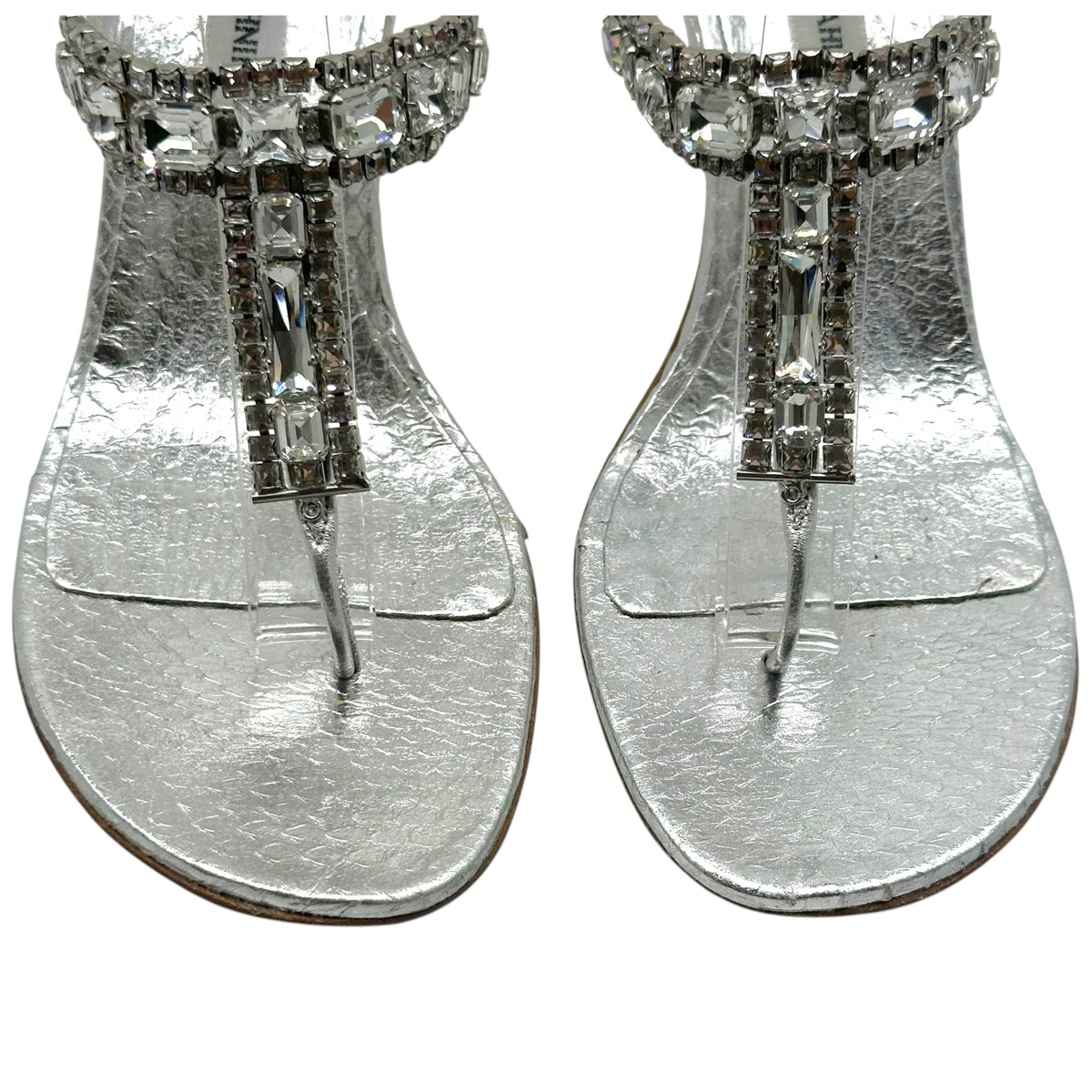 Manolo Blahnik SIlver Python & Crystal Thong Heeled Sandals