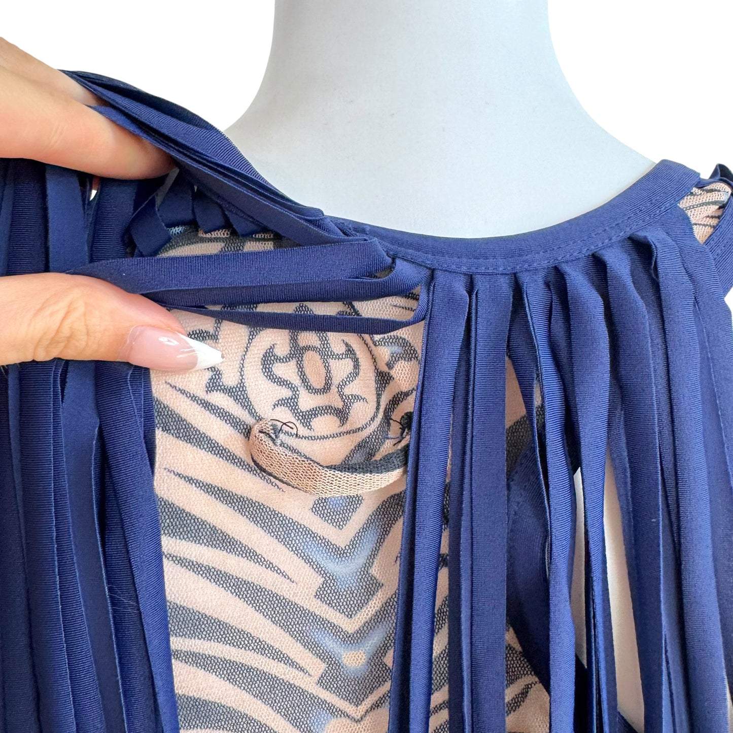 Jean Paul Gaultier Soleil Blue & Beige Tribal Print Mesh Tank w/ Fringe Overlay