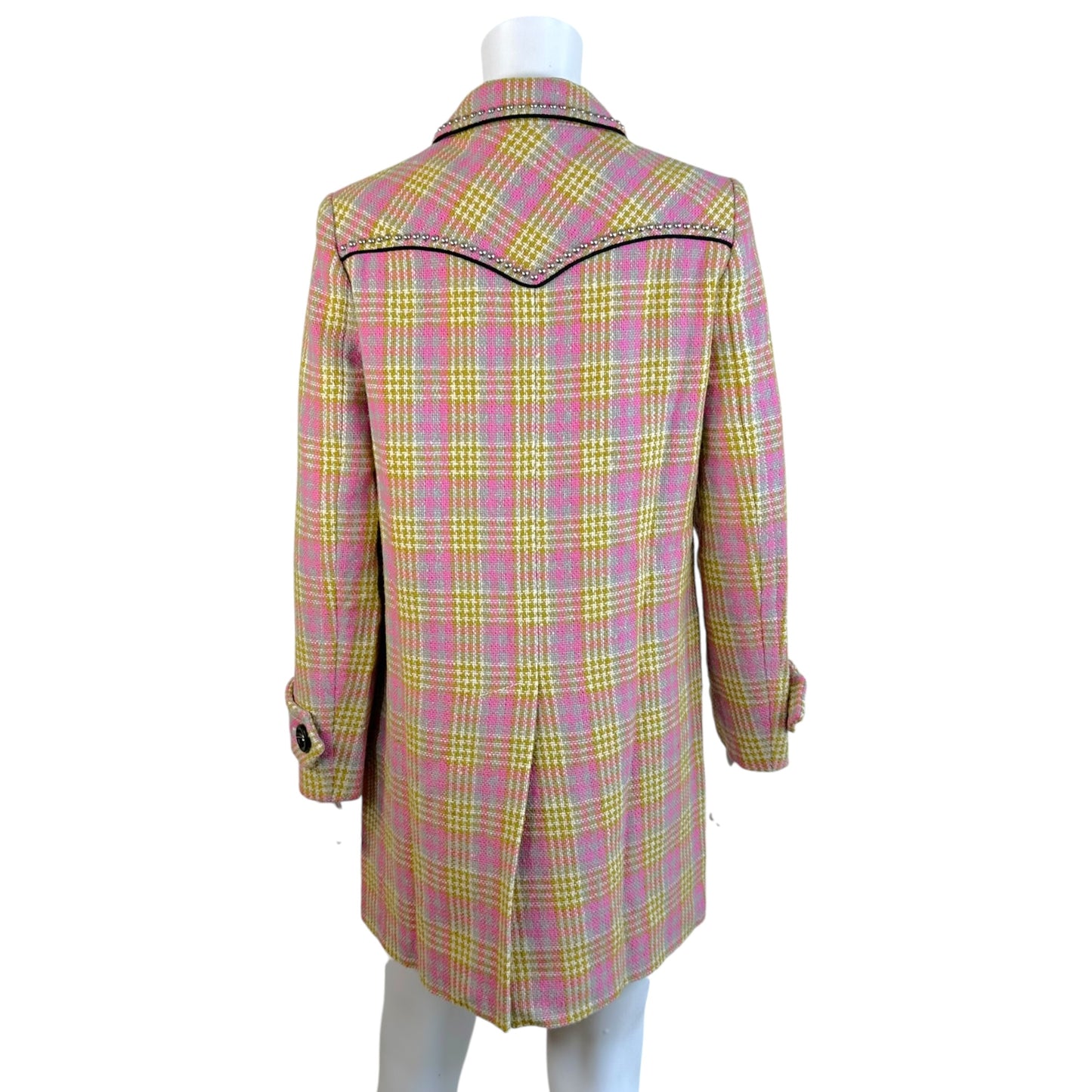 Miu Miu Pink Yellow Plaid Tweed Coat with Studs