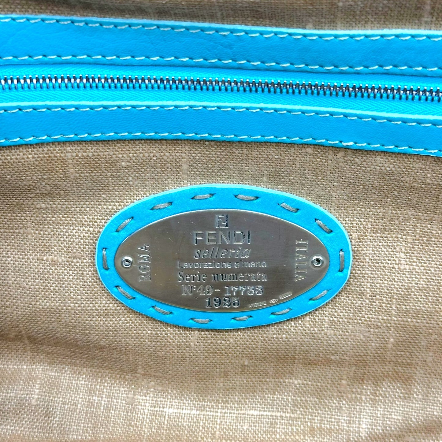 Fendi Selleria Raffia & Turquoise Leather Trim Doctors Bag