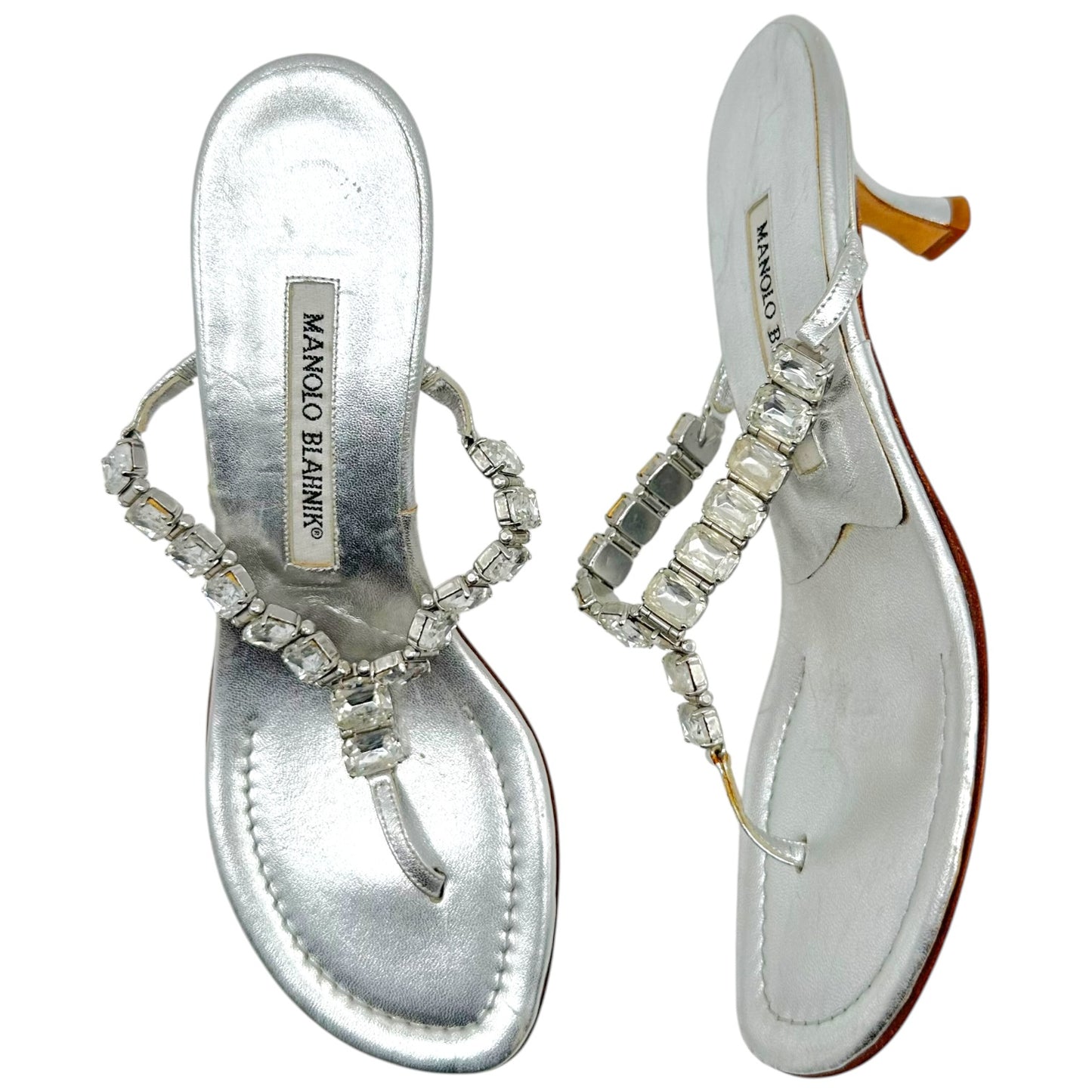 Manolo Blahnik Silver Crystal Embellished Kitten Heel Flip Flops