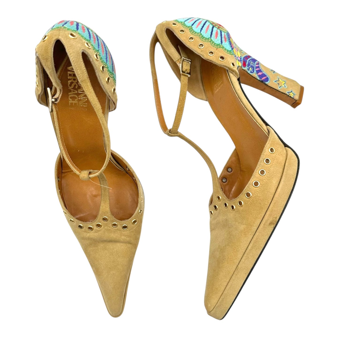 Versace Suede Embroidered Heel Pumps