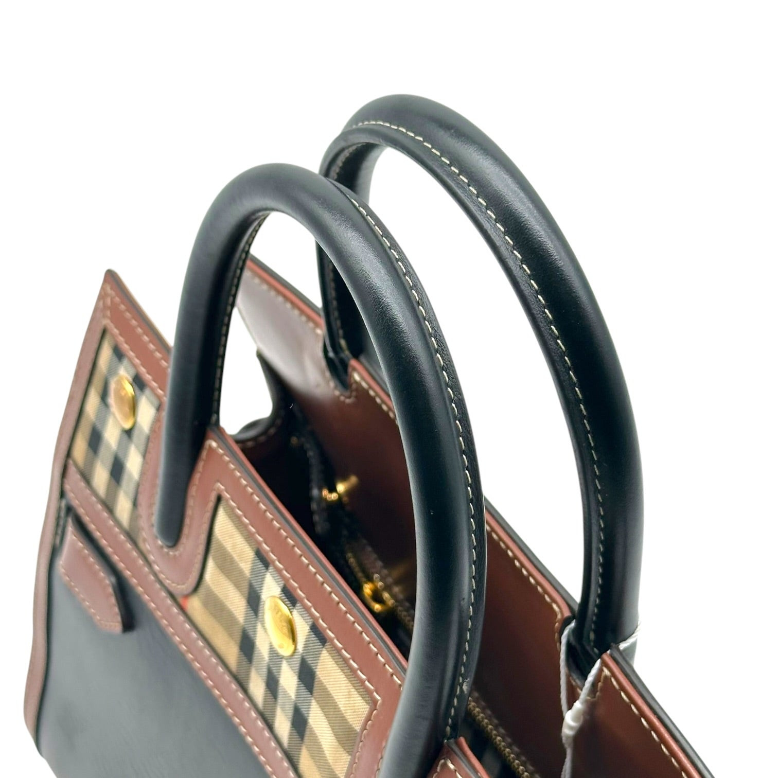 Burberry Mini Tote Bag Black Leather Nova Check Plaid