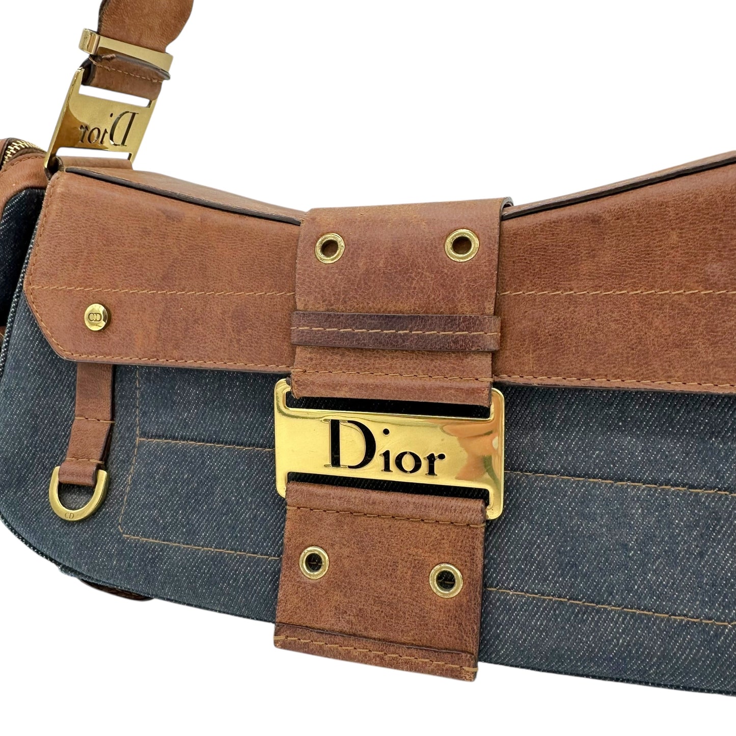 Christian Dior Denim & Brown Leather Columbus Shoulder Bag