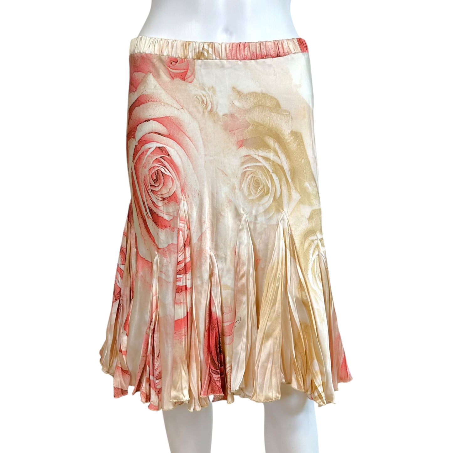 Roberto Cavalli 2004 Light Pink Rose Print Silk Pleated Midi Skirt