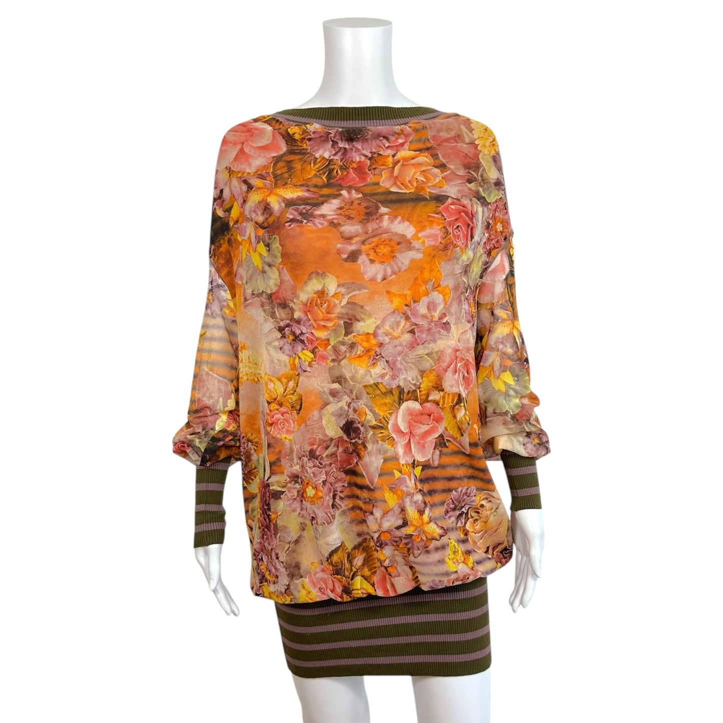 Jean Paul Gaultier Soleil Purple & Orange Floral Mesh Striped Trim Mini Longsleeve Dress