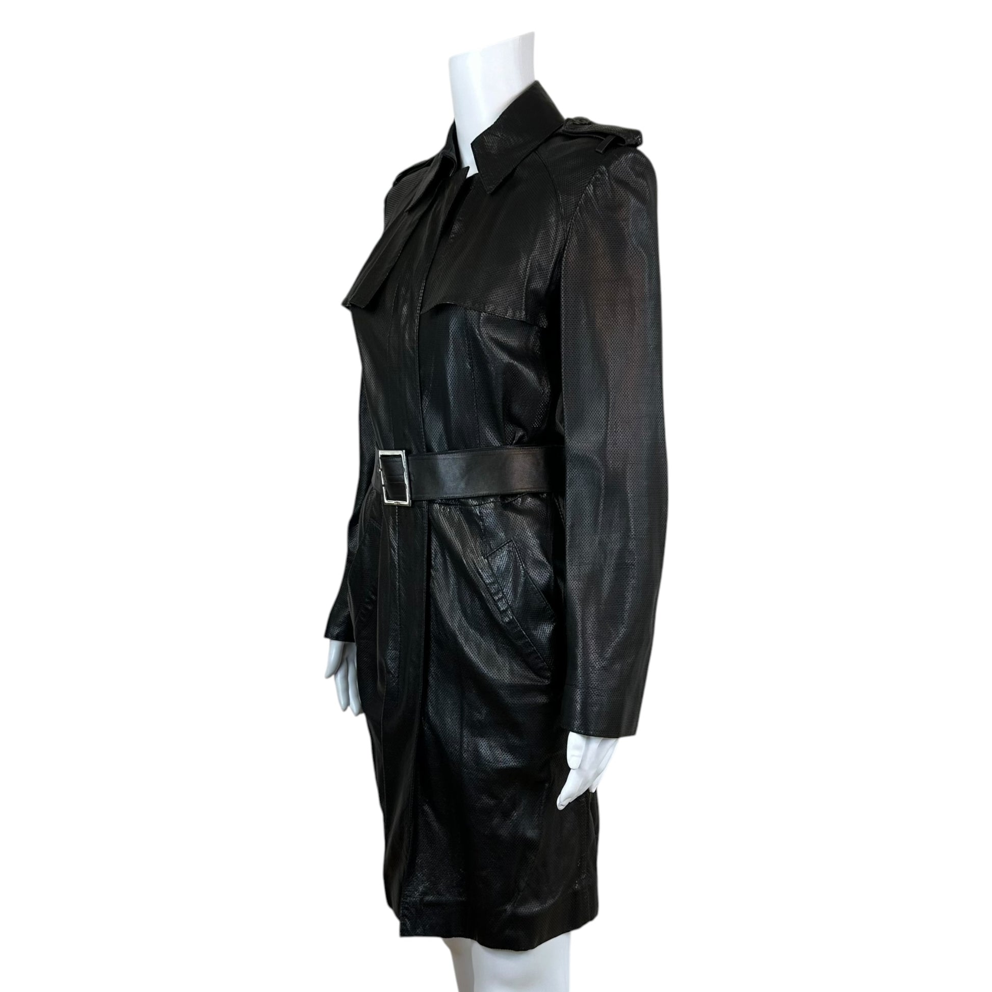 Gucci Black Perforated Leather Trench Coat