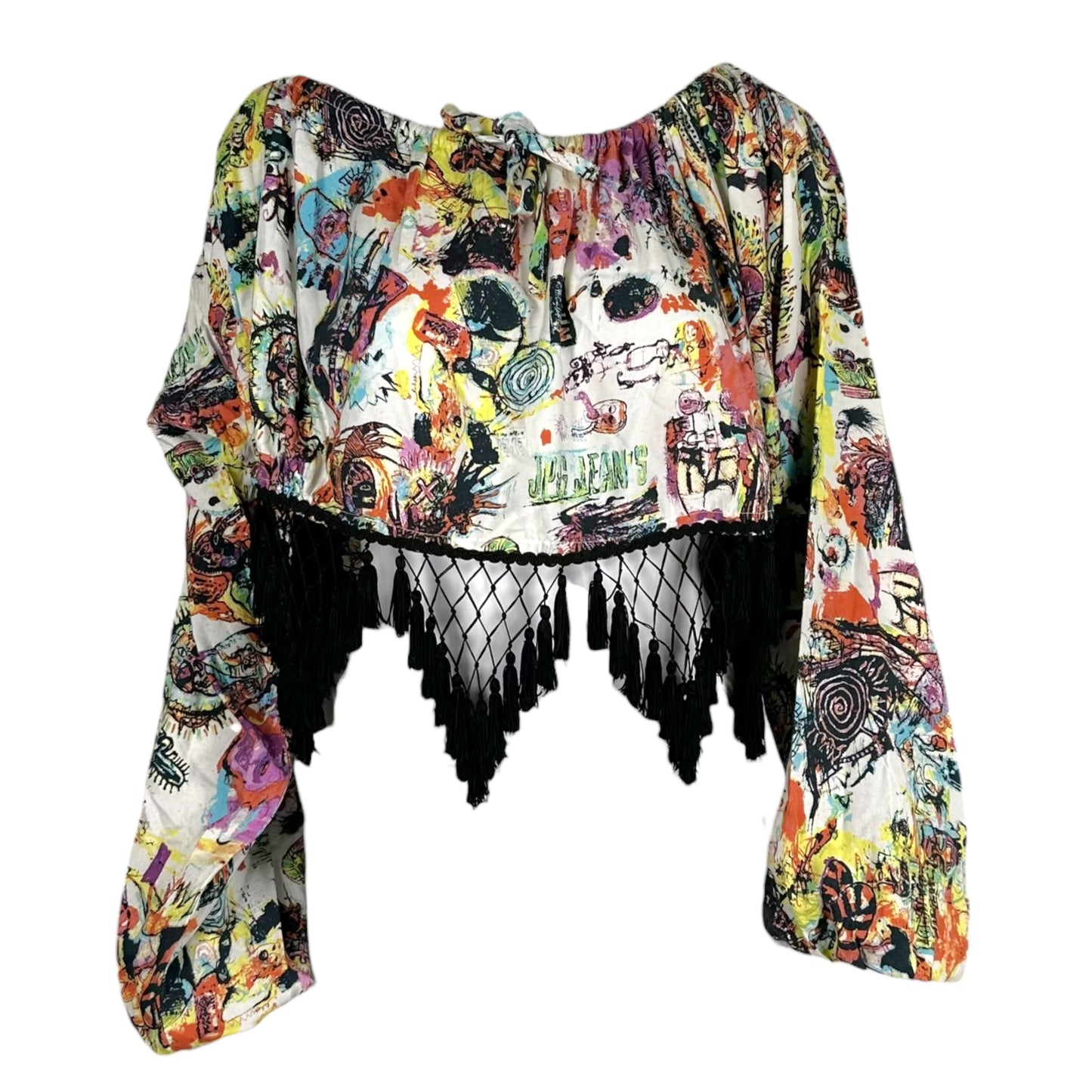 Jean Paul Gaultier Jeans Fringe Trim Multicolor Printed Off Shoulder Blouse