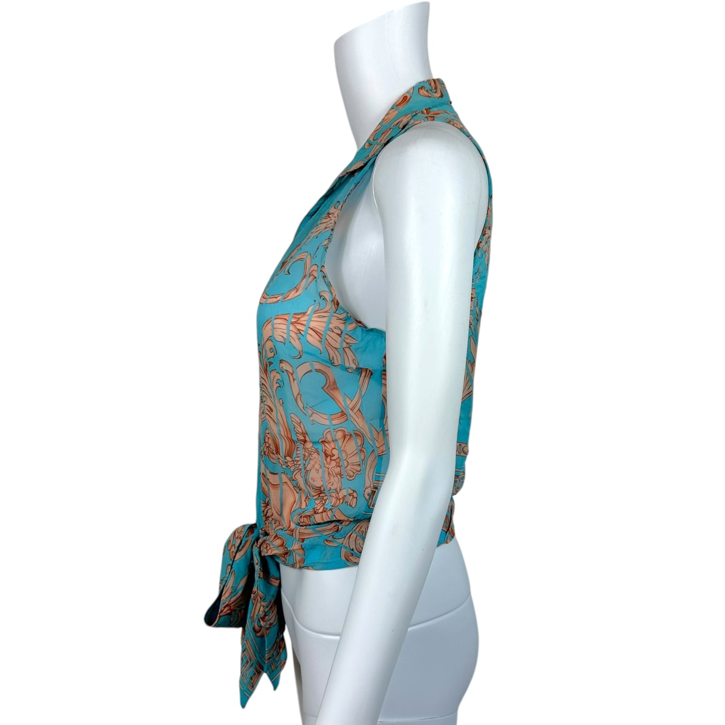 Gianni Versace Turquoise & Beige Damask Print Tie Front Sheer Silk Sleeveless Blouse