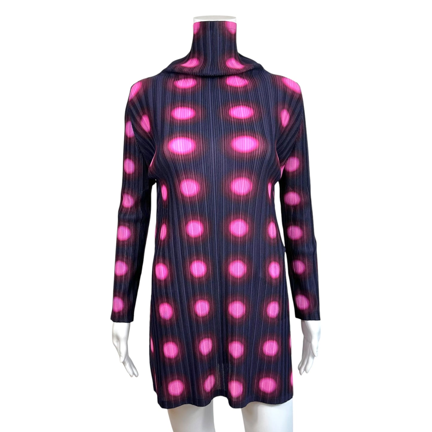 Issey Miyake Pleats Please Navy & Pink Polka Dot Mock Neck Longsleeve Mini Dress