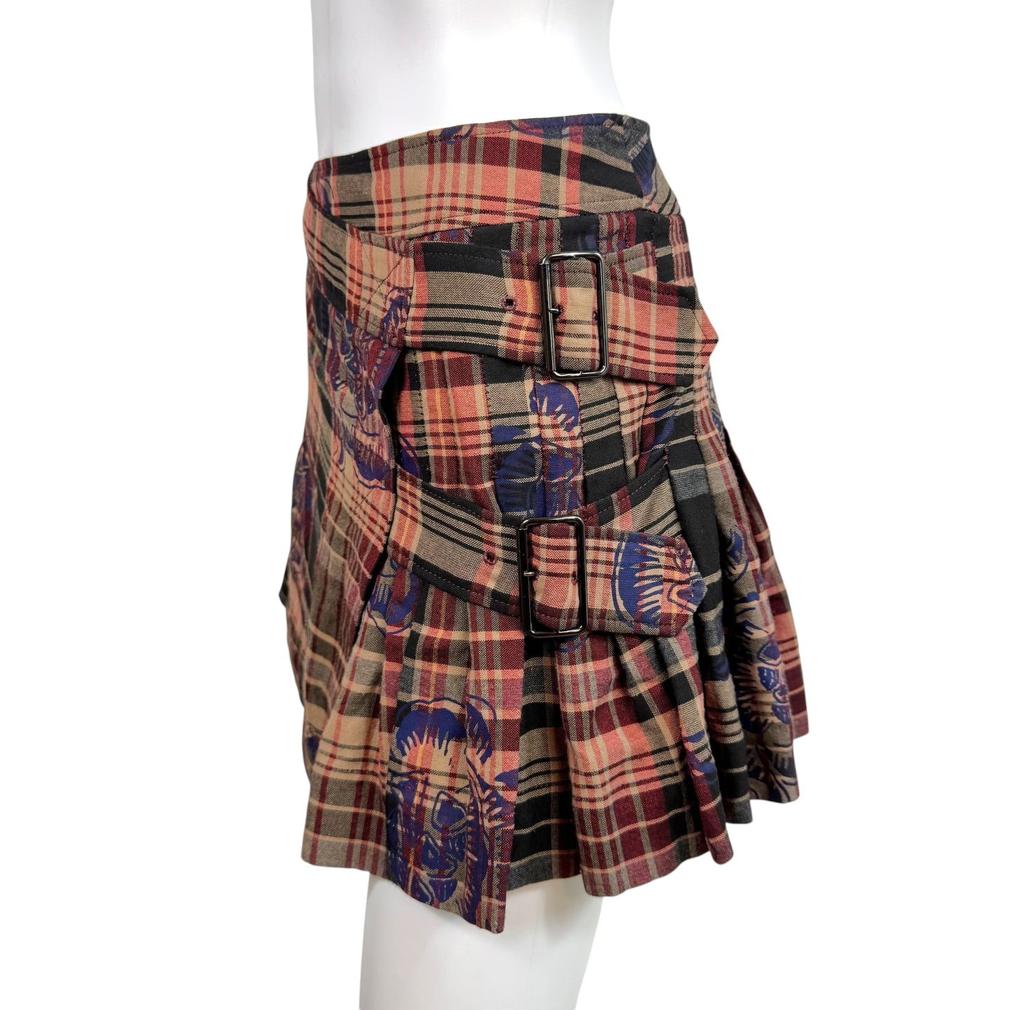Vivienne Westwood Red Label Multicolor Plaid & Floral Pleated Wrap Mini Skirt
