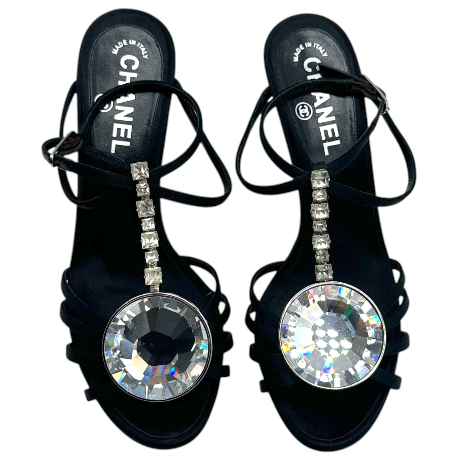 Chanel Black Silk Strappy Heels With Crystal Embellishments