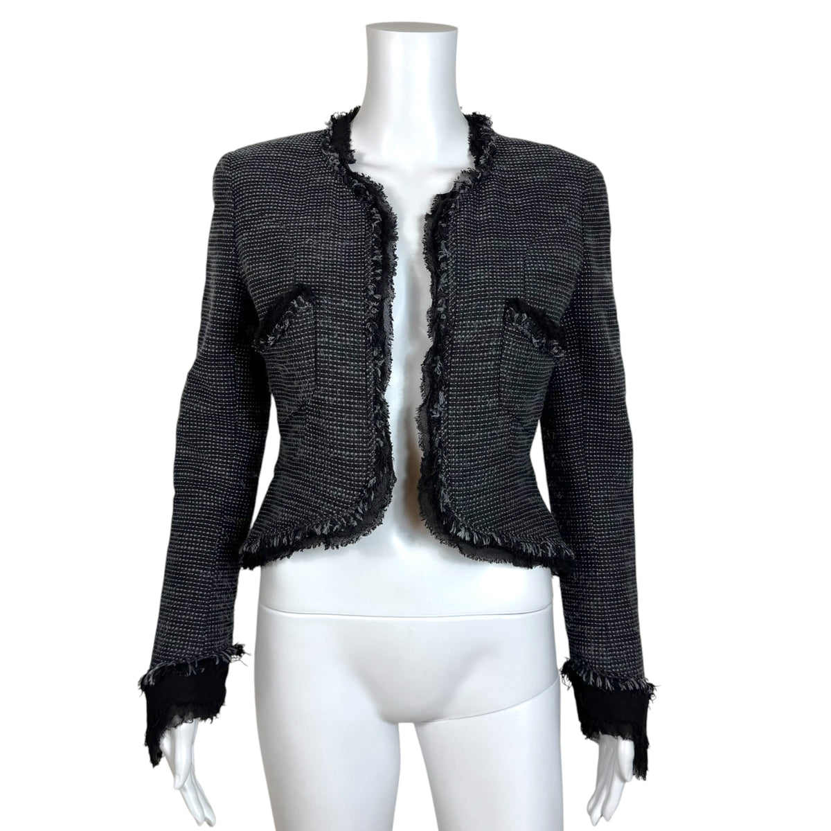 Chanel Cruise 2004 Black & Gray Tweed Silk Trim Cropped Blazer Jacket