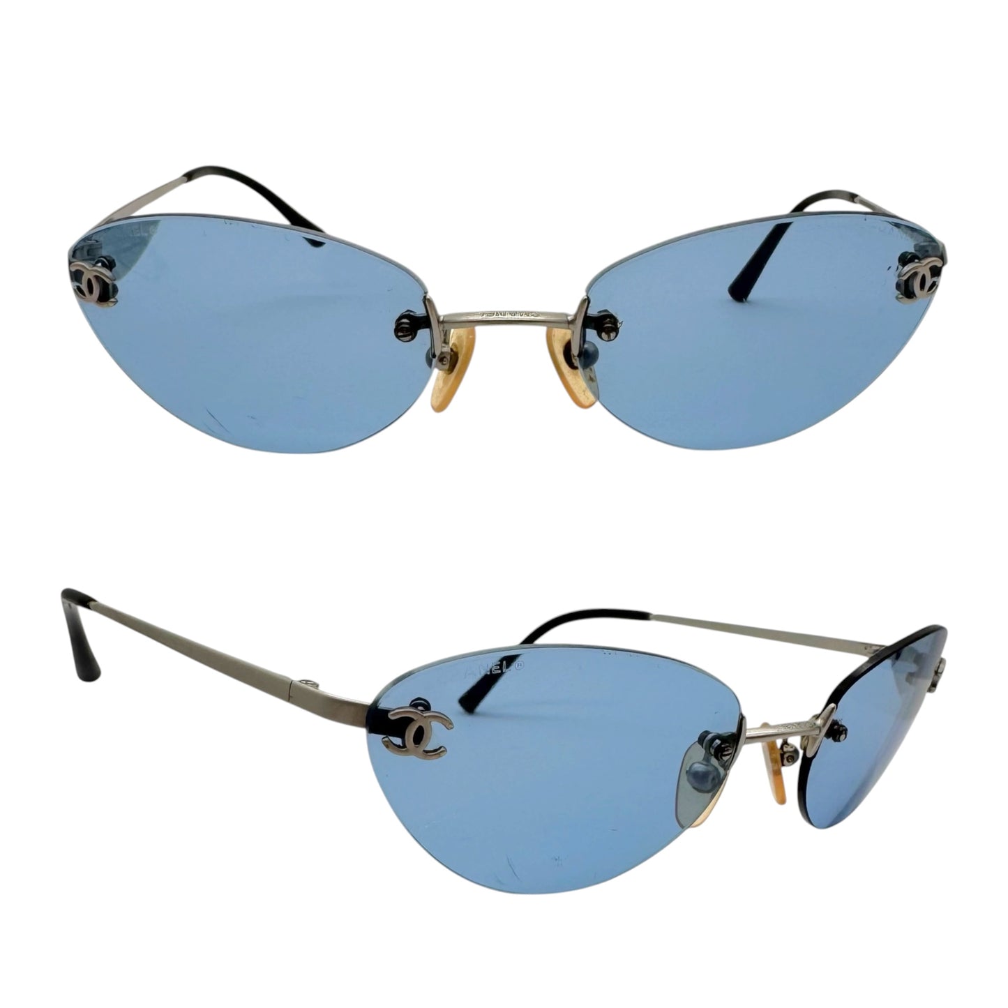 Chanel Blue & Silver Rimless Oval 4003 Sunglasses w/ Case