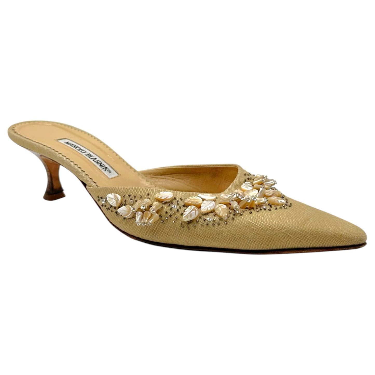 Manolo Blahnik Beige & Mother of Pearl Beaded Kitten Heel Mules