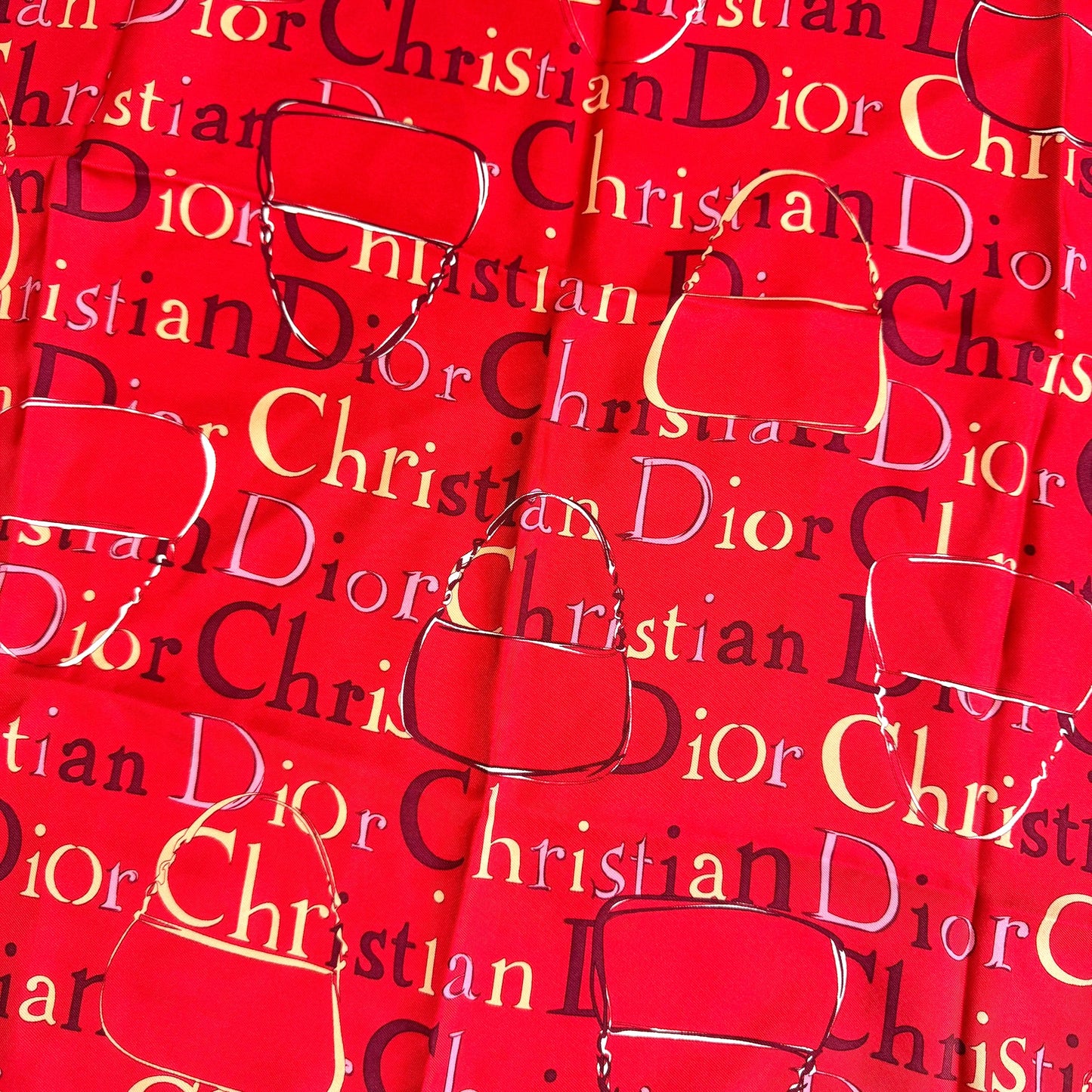 Christian Dior Red Logo & Malice Pearl Bag Print Silk Square Scarf