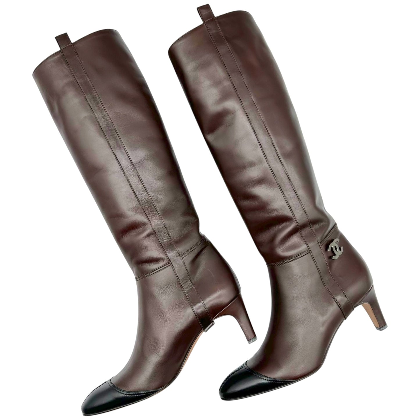 Chanel Brown & Black Leather Heeled Riding Boots