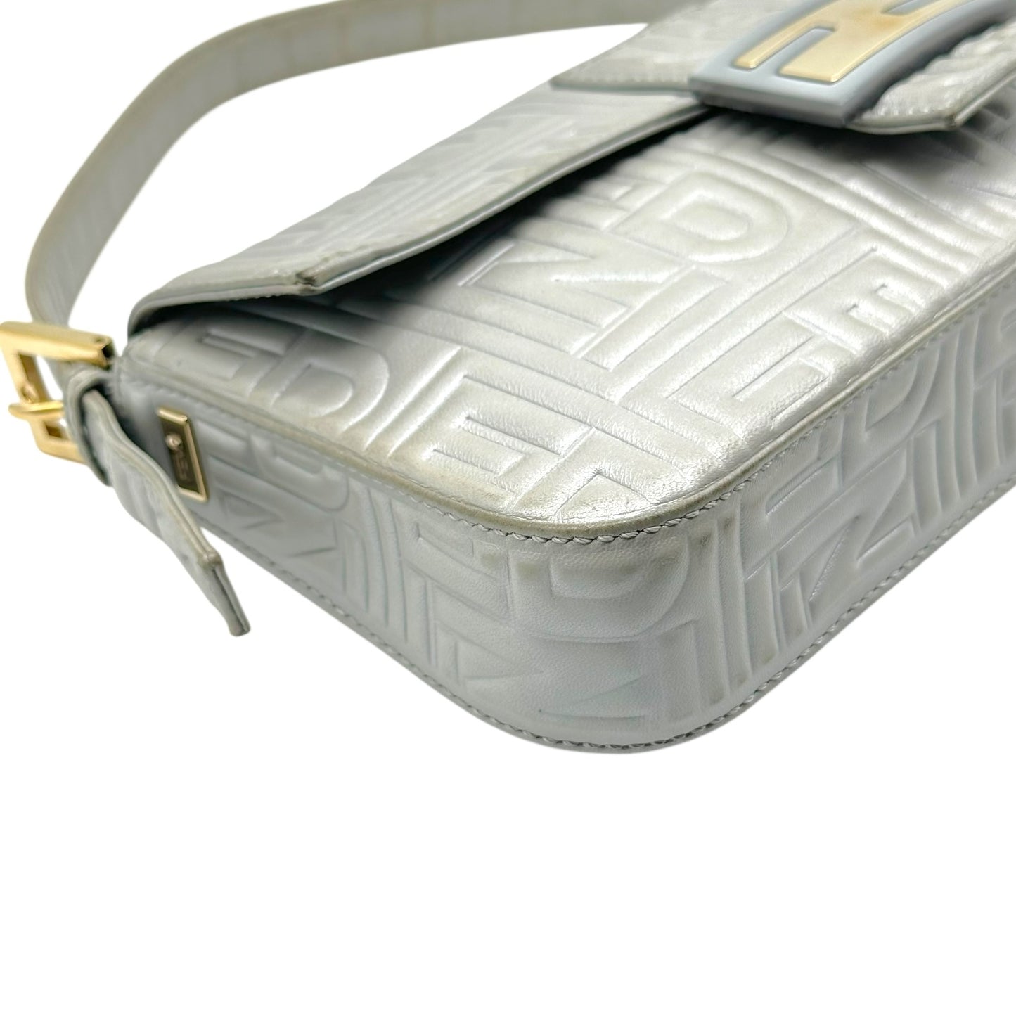 Fendi Silver Logo Embossed & Gold Hardware Baguette Bag