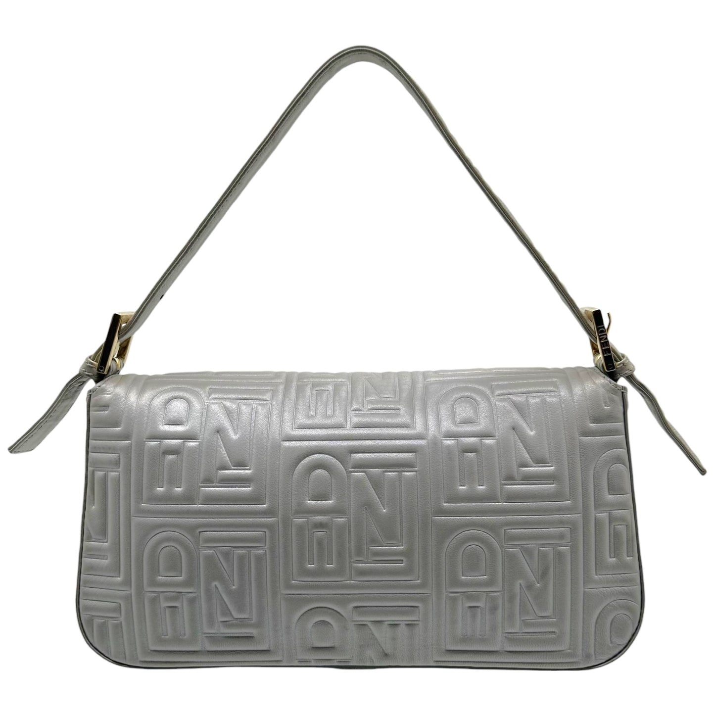Fendi Silver Logo Embossed & Gold Hardware Baguette Bag