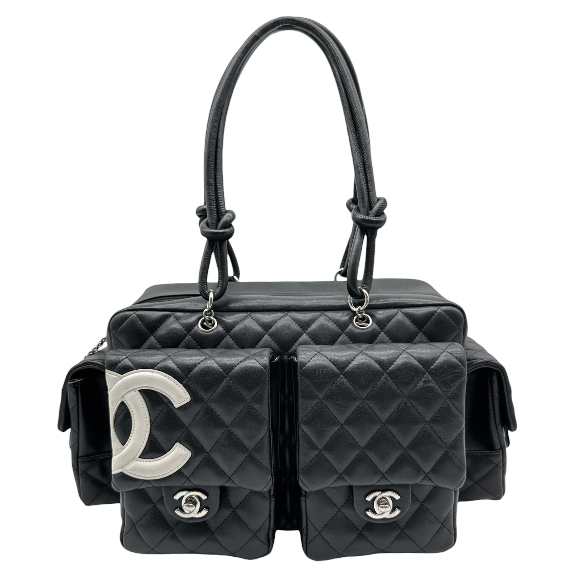 Chanel Black White Quilted Multi-Pocket Reporter Bag