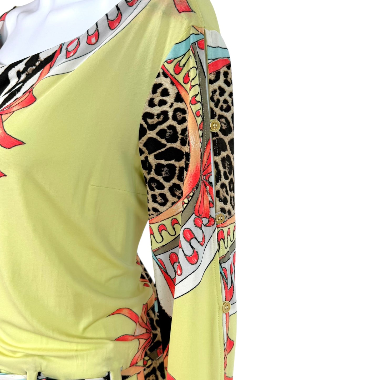 Roberto Cavalli S/S 2004 Yellow Multicolor Animal Print 3/4 Sleeve Cowl Neck Mini Dress