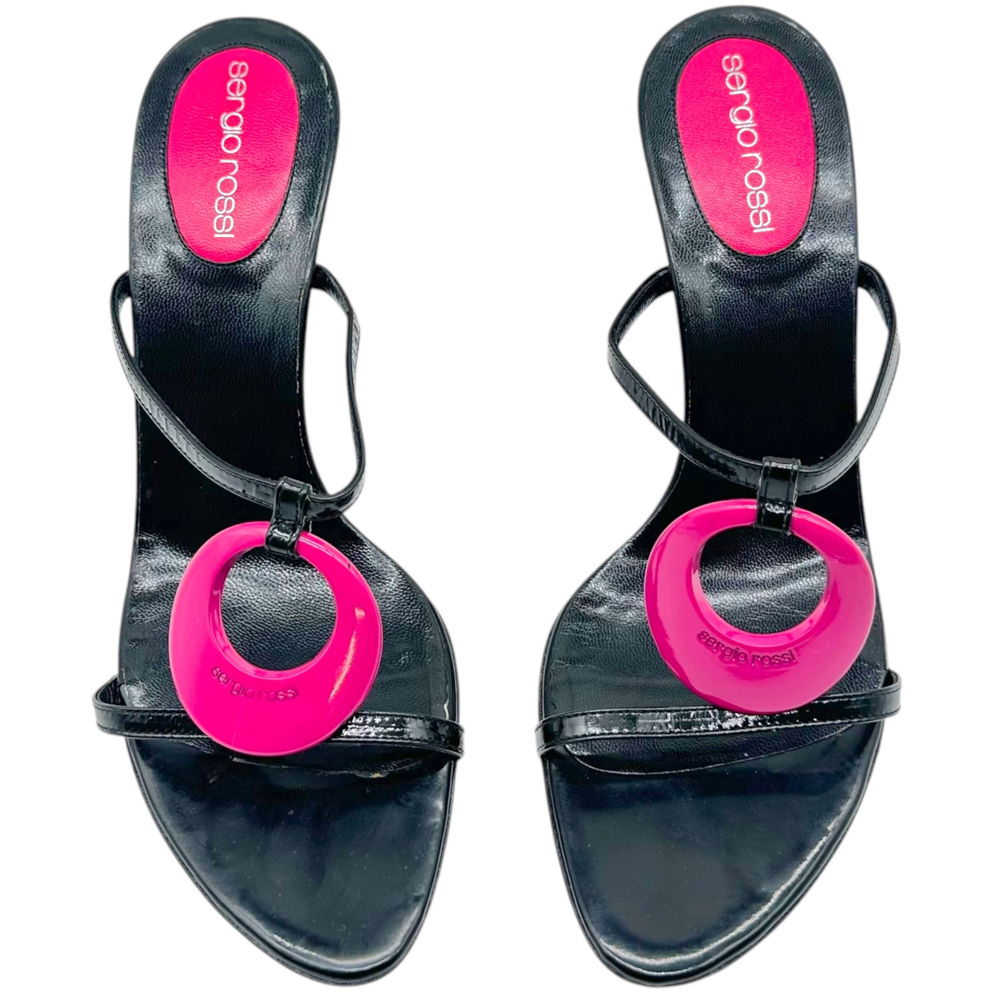 Sergio Rossi Black Patent Leather Pink Logo Heeled Mules