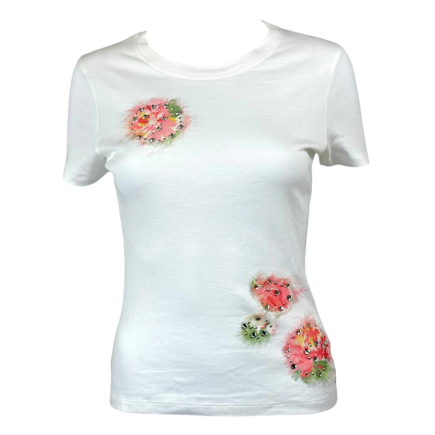 Christian Dior S/S 2005 White & Pink Rhinestone & Floral Embellished T-Shirt