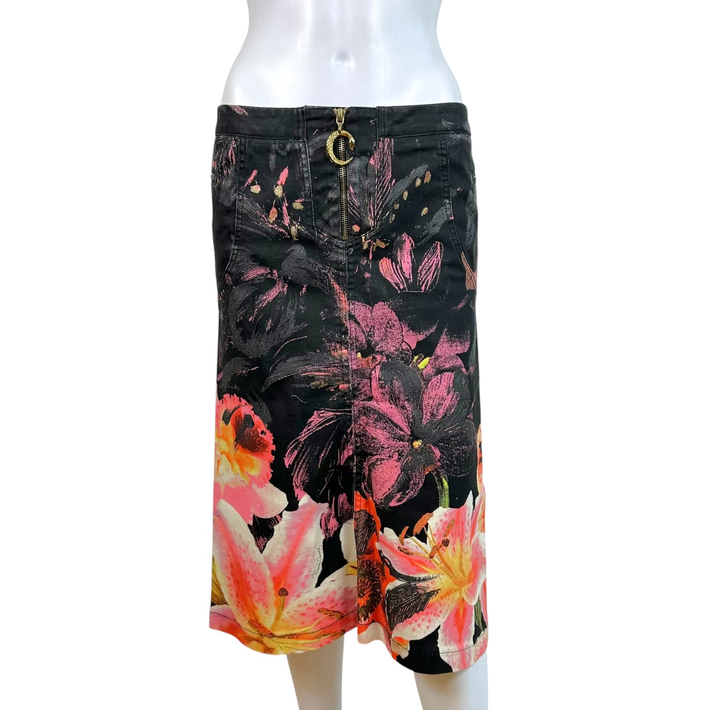 Roberto Cavalli Midi Denim Skirt Pink Black Floral Print
