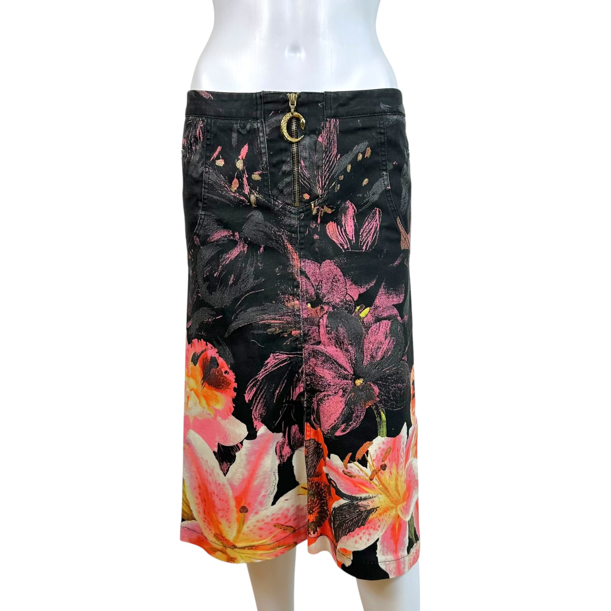 Roberto Cavalli Midi Denim Skirt Pink Black Floral Print