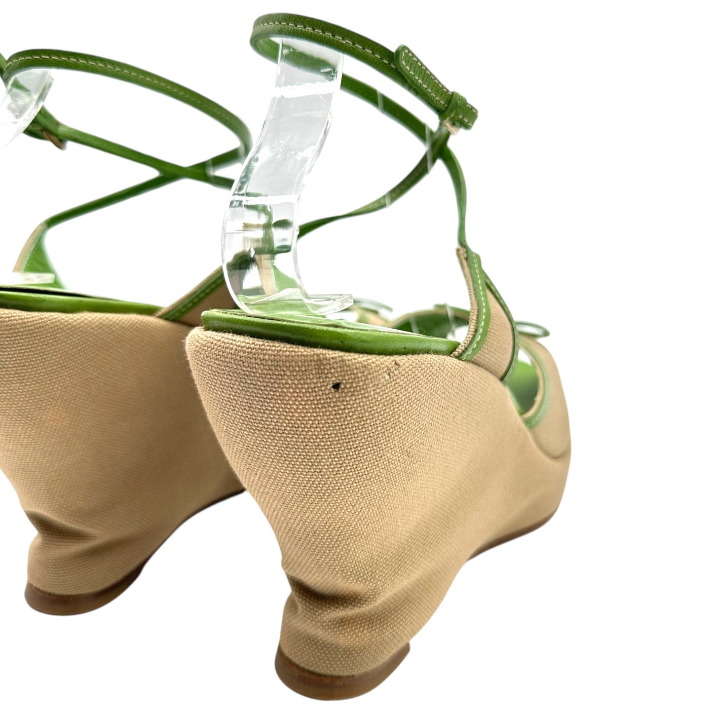 Prada 90's Green & Tan Bow Wedge Sandals