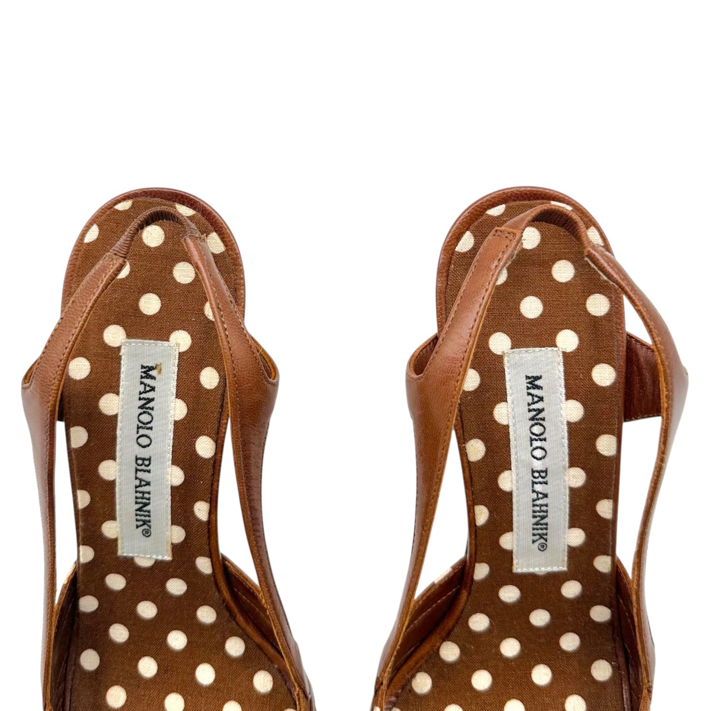 Manolo Blahnik Brown & White Polka Dot Sling-Back Heeled Sandals